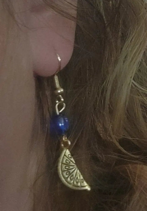 Gold Lemon Earrings With Blue Gemstone Accents | a Bright and Cheerful Way to Add a Touch of Nature to Your Outfit Michelle Marie Boutique  Earrings