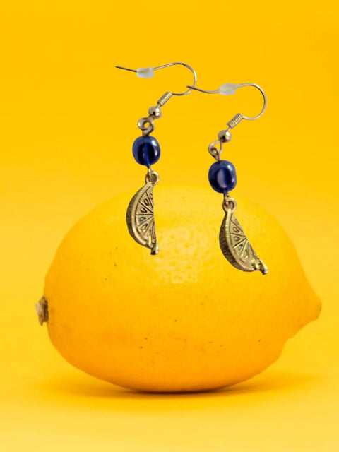 Gold Lemon Slice Earrings With Blue Gemstone Beads – Nature Inspired Jewelry | Made in USA Michelle Marie Boutique  Earrings