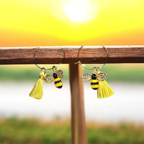Gold Plated Hoop Earrings With Yellow Tassel And Crystal Bumblebee Charm – Lightweight Alloy Jewelry | Made In USA Michelle Marie Boutique  Earrings