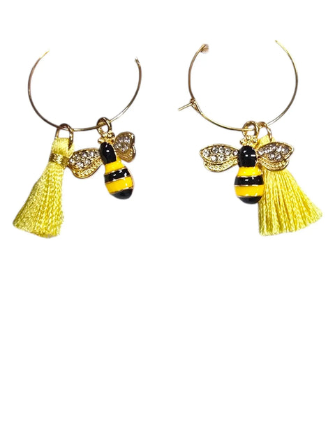 Gold-Plated Stainless Hoop Earrings With Yellow Tassel and Bumblebee Charm | Unique Insect Jewelry Michelle Marie Boutique  Earrings
