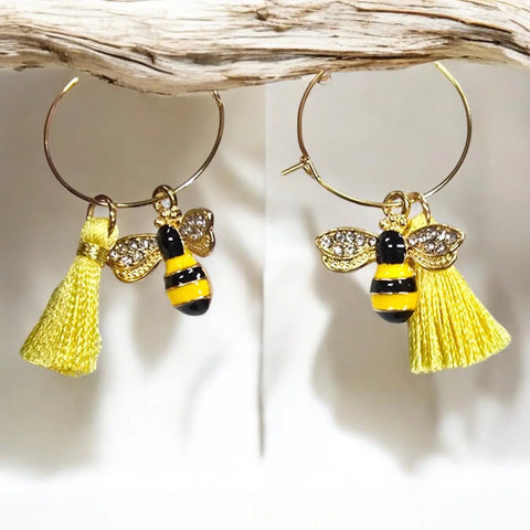 Gold-Plated Stainless Hoop Earrings With Yellow Tassel and Bumblebee Charm | Unique Insect Jewelry Michelle Marie Boutique  Earrings