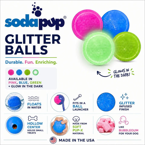 Green Glitter Dog Fetch Balls 2-Pack – 2.5 Inch Soft PUP-X Rubber Treat Dispensing Toy | Made in USA SodaPup  Rubber Dog Toys