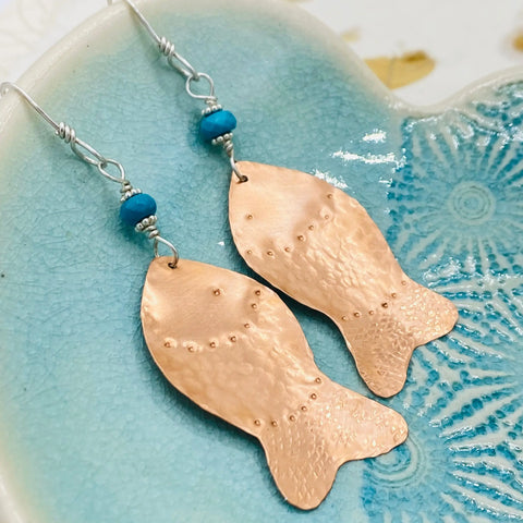 Hand Forged Copper Fish Earrings With Turquoise Accents – Janecka | Made in USA Janecka 