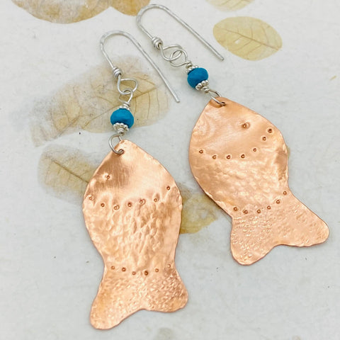 Hand Forged Copper Fish Earrings With Turquoise Accents – Janecka | Made in USA Janecka 