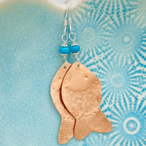 Hand Forged Copper Fish Earrings With Turquoise Accents – Janecka | Made in USA Janecka 