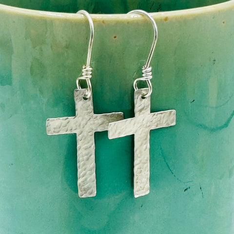 Hand Forged Sterling Silver Cross Earrings – Rustic Textured Design | Made in USA Janecka 