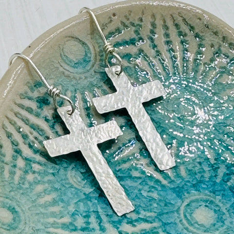 Hand Forged Sterling Silver Cross Earrings – Rustic Textured Design | Made in USA Janecka 