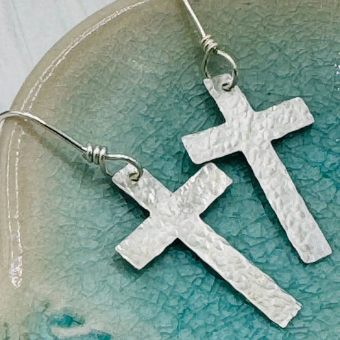 Hand Forged Sterling Silver Cross Earrings – Rustic Textured Design | Made in USA Janecka 