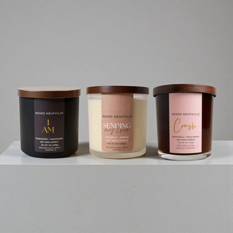 Hand-Poured Love Scented Candle Trio – Coconut Amber, Patchouli Palo Santo, Teakwood Mahogany | Made in USA Wick and Glow Candle Company™  Candles