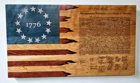Hand-Stained Cherry Wood Declaration of Independence Flag 19x34 Inch – Patriotic Wall Decor | Made in USA American Grains LLC 