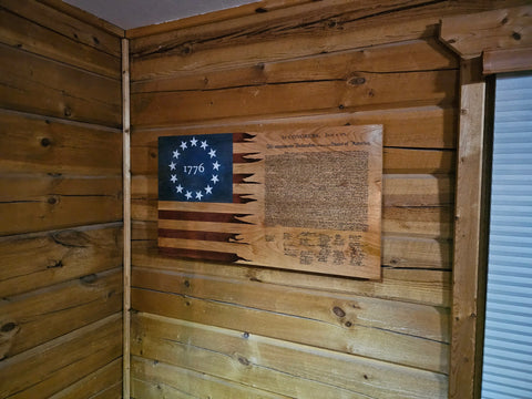 Hand-Stained Cherry Wood Declaration of Independence Flag 19x34 Inch – Patriotic Wall Decor | Made in USA American Grains LLC 