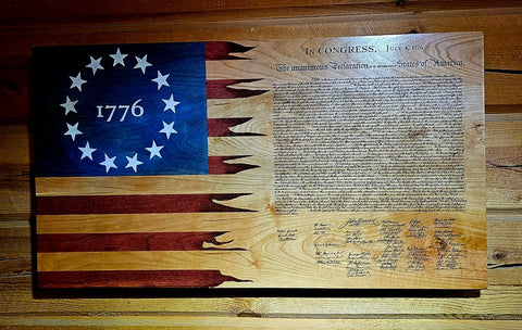 Hand-Stained Cherry Wood Declaration of Independence Flag 19x34 Inch – Patriotic Wall Decor | Made in USA American Grains LLC 