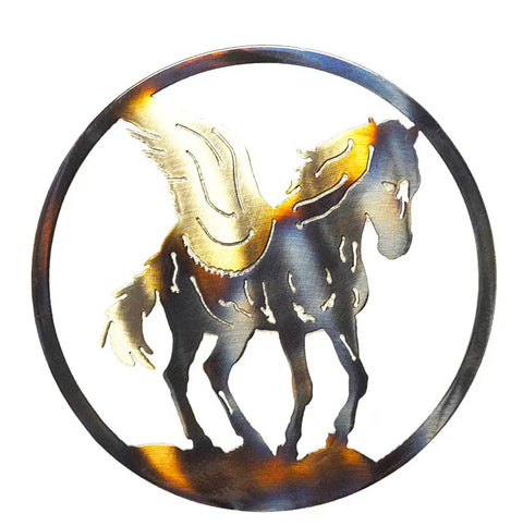 Handcrafted Pegasus Metal Wall Art – Circular Outdoor Sculpture | American Made Decorative Piece Knights Home Decor  item