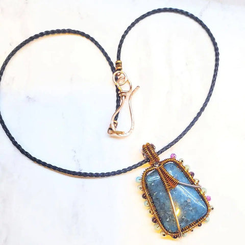 Handcrafted Reversible Teal-Dyed Kiwi Stone Ballerina Necklace – Copper Wire Art Pendant | Made in USA Alexa Martha Designs  Necklace