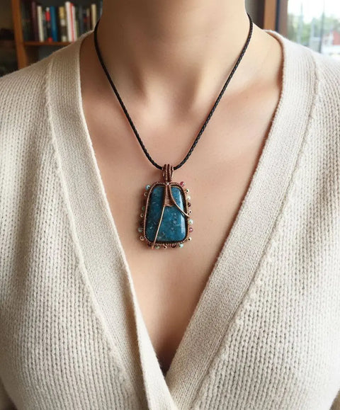 Handcrafted Reversible Teal-Dyed Kiwi Stone Ballerina Necklace – Copper Wire Art Pendant | Made in USA Alexa Martha Designs  Necklace