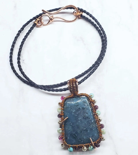 Handcrafted Reversible Teal-Dyed Kiwi Stone Ballerina Necklace – Copper Wire Art Pendant | Made in USA Alexa Martha Designs  Necklace