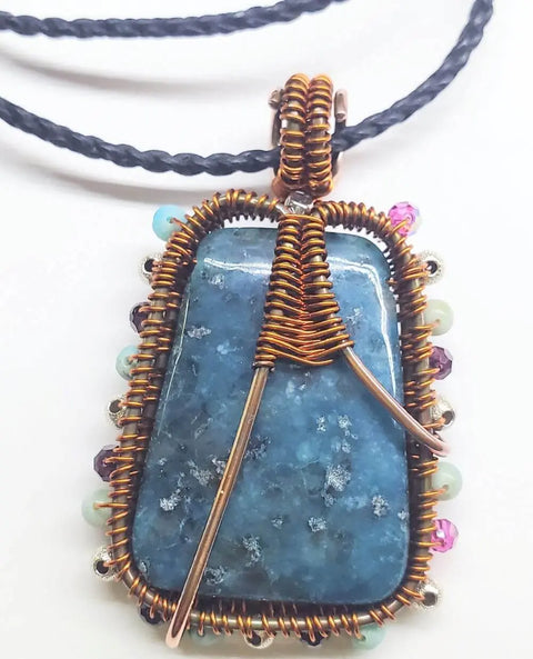 Handcrafted Reversible Teal-Dyed Kiwi Stone Ballerina Necklace – Copper Wire Art Pendant | Made in USA Alexa Martha Designs  Necklace