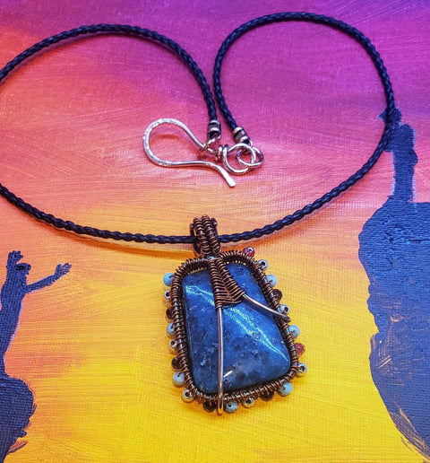 Handcrafted Reversible Teal-Dyed Kiwi Stone Ballerina Necklace – Copper Wire Art Pendant | Made in USA Alexa Martha Designs  Necklace