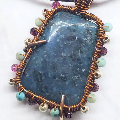 Handcrafted Reversible Teal-Dyed Kiwi Stone Ballerina Necklace – Copper Wire Art Pendant | Made in USA Alexa Martha Designs  Necklace
