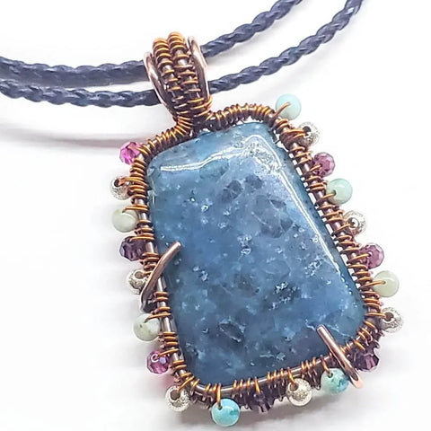 Handcrafted Reversible Teal-Dyed Kiwi Stone Ballerina Necklace – Copper Wire Art Pendant | Made in USA Alexa Martha Designs  Necklace