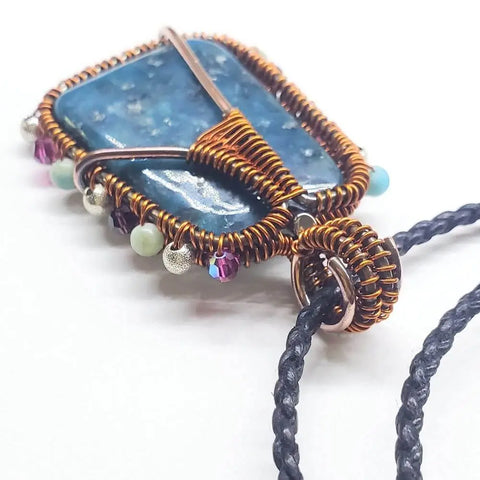 Handcrafted Reversible Teal-Dyed Kiwi Stone Ballerina Necklace – Copper Wire Art Pendant | Made in USA Alexa Martha Designs  Necklace