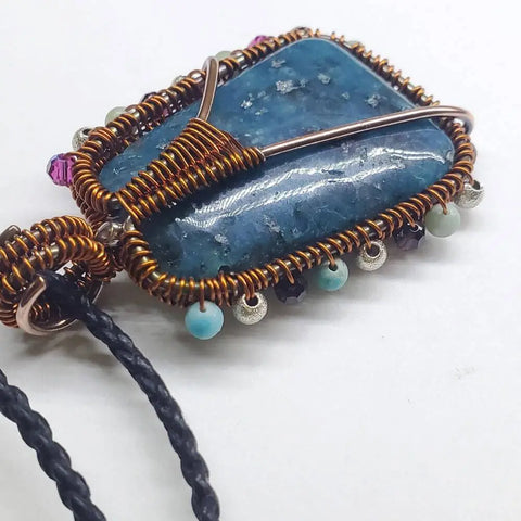 Handcrafted Reversible Teal-Dyed Kiwi Stone Ballerina Necklace – Copper Wire Art Pendant | Made in USA Alexa Martha Designs  Necklace