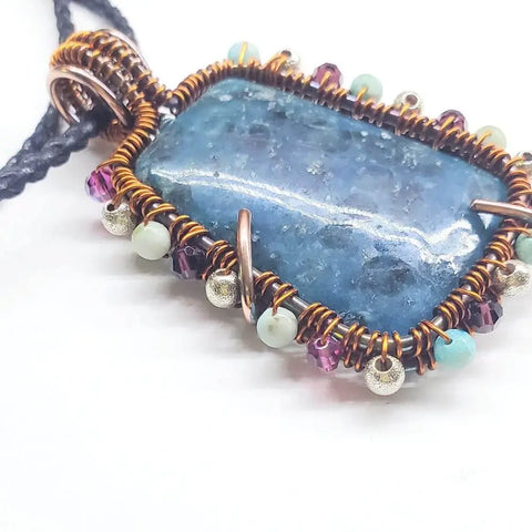 Handcrafted Reversible Teal-Dyed Kiwi Stone Ballerina Necklace – Copper Wire Art Pendant | Made in USA Alexa Martha Designs  Necklace
