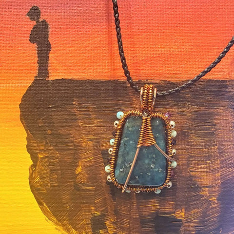 Handcrafted Reversible Teal-Dyed Kiwi Stone Ballerina Necklace – Copper Wire Art Pendant | Made in USA Alexa Martha Designs  Necklace