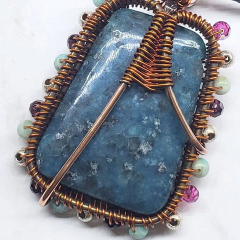 Handcrafted Reversible Teal-Dyed Kiwi Stone Ballerina Necklace – Copper Wire Art Pendant | Made in USA Alexa Martha Designs  Necklace