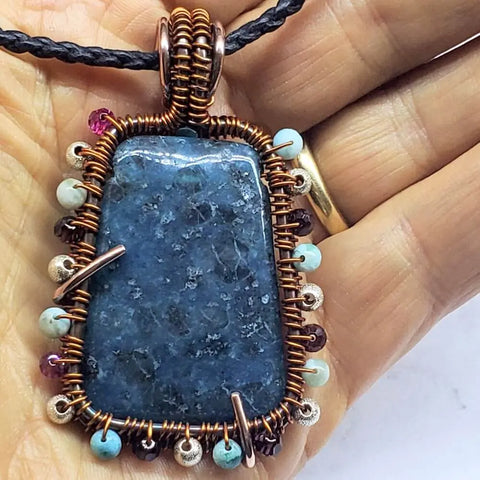 Handcrafted Reversible Teal-Dyed Kiwi Stone Ballerina Necklace – Copper Wire Art Pendant | Made in USA Alexa Martha Designs  Necklace