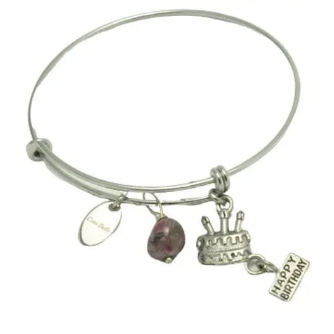 Happy Birthday Stainless Steel Bangle Bracelet 60mm – Crystal Quartz Charm – Made in USA Michelle Marie Boutique  Bracelet