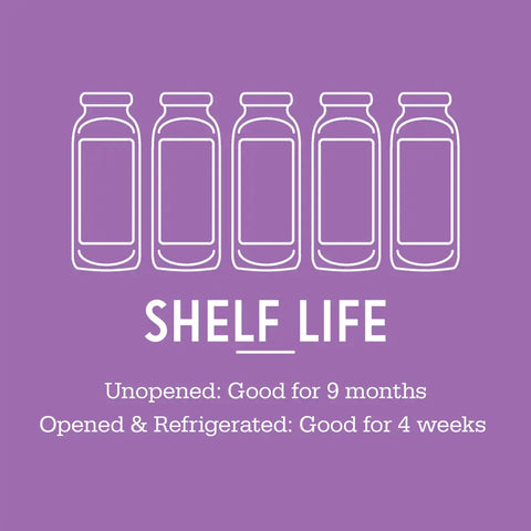 Five outlined bottles above Honey Peach Cold Brewed Tea by Simple Times Mixers hint at flavors. Text reads: Unopened: Good for 9 months. Opened & Refrigerated: Good for 4 weeks. Purple background—a perfect cocktail mixer guide.