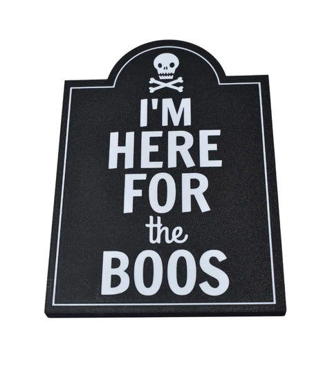 The Chatelet Manufacturing Im Here for the Boos Halloween Bar Sign Decor is a spooky black sign made in the USA—perfect as a Halloween party decoration or festive decor piece.