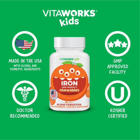 Iron and Vitamin C Chewable Tablets for Kids 120 Count – Immune Support & Healthy Growth | Made in USA VitaWorks  Chewable