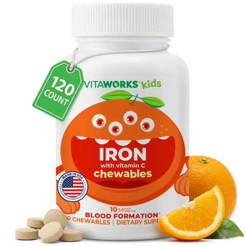 Iron and Vitamin C Chewable Tablets for Kids 120 Count – Immune Support & Healthy Growth | Made in USA VitaWorks  Chewable