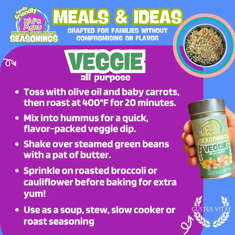 Kids Veggie All Purpose Seasoning 5 oz – Mild Flavor | Made in USA Gustus Vitae  Gourmet Seasonings