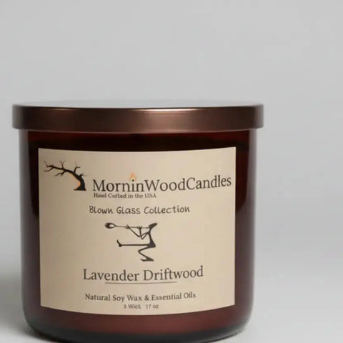 Lavender Driftwood-Soy 3-Wick Blown Glass Collection MorninWood Candles  3 Wick Candle