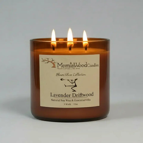 Lavender Driftwood Soy Wax Candle 3-Wick 17oz Blown Glass Jar – Long Burn Time Home Fragrance | Made in USA MorninWood Candles  3 Wick Candle