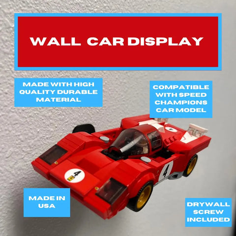 A red race car is mounted on a wall with the Chatelet Manufacturing Collectible Wall Display, compatible with Lego Speed Champion Racecars. This USA-made Side Car Display includes a drywall screw.