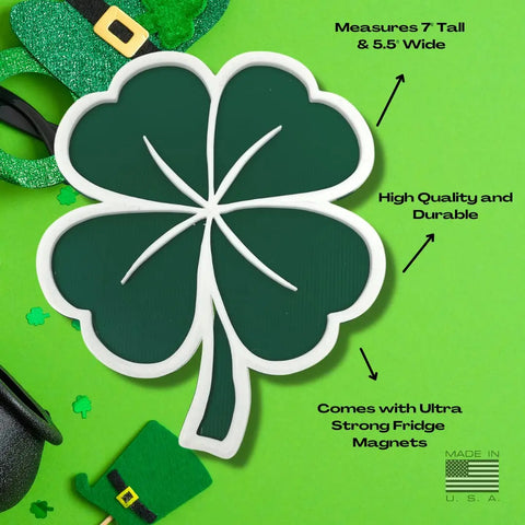 The Chatelet Manufacturing Saint Patricks Day Lucky Shamrock Fridge Magnet features a bold four-leaf clover on green with hats and shamrocks, offers strong hold and durability, and is proudly made in the USA—perfect for Saint Patty’s Day celebrations.