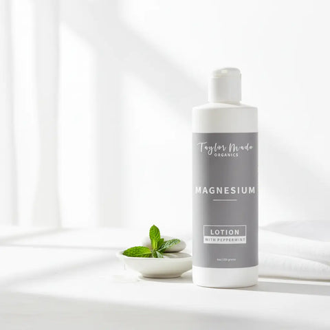 Magnesium Muscle Relief Lotion 8oz – Organic Hydrating Peppermint Formula | Taylor Made Organics Made in USA Taylor Made Organics  therapeutic lotion