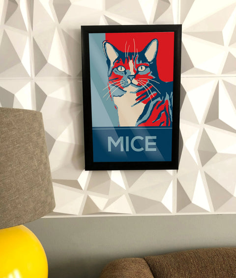 Skinny Petes Gourmet Catnip presents the MICE poster: a framed, bold graphic cat wall art in red, blue, and beige, hanging above a couch on a geometric white wall. Ideal for modern décor; features MICE at the bottom and a lamp on the left.