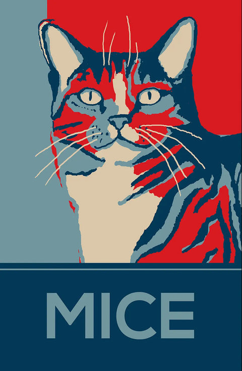 Skinny Petes Gourmet Catnip presents the MICE Poster: a stylized red, blue, and beige cat illustration in iconic MICE poster style. This bold wall art makes a striking addition to any home décor, with “MICE” displayed beneath the feline.