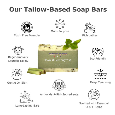 Natural Basil & Lemongrass Tallow Soap Bar 4.5 oz – Moisturizing Cleansing Bar | Made in USA Born to be Free  soap