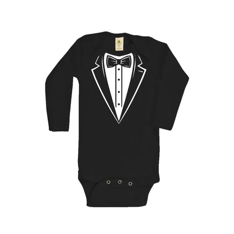 Organic Cotton Baby Bodysuit Long Sleeve – Tuxedo Graphic Print Black | Made in USA Softwear Spiritex | Sustainable Apparel  Graphic Snappies
