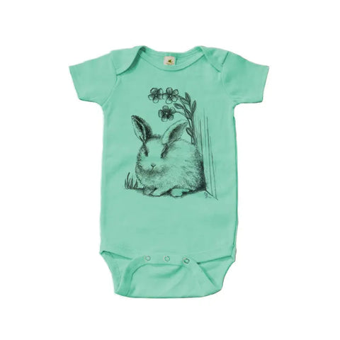 Organic Cotton Baby Bodysuit With Bunny Print – Short Sleeve Infant One-Piece | Made In USA Comfortable Apparel Spiritex | Sustainable Apparel  Graphic Snappies