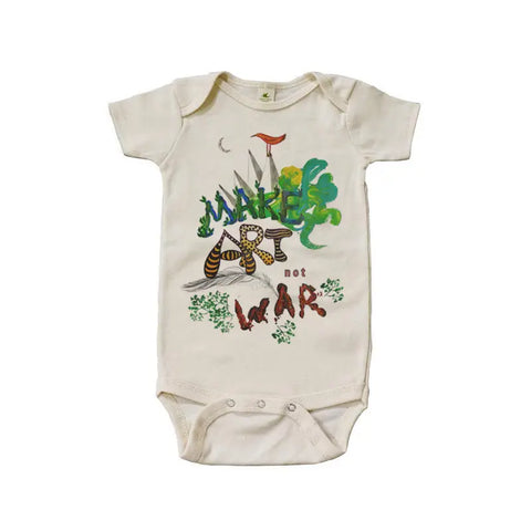 Organic Cotton Baby Bodysuit – Make Art Not War Graphic Print | Handmade in USA Spiritex | Sustainable Apparel  Graphic Snappies