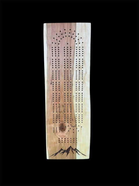 Cherry Wood Cribbage Board – Live Edge Mountain Engraving 24 Inch | Game Night Accent | Made in USA B. James Design & Woodwork 