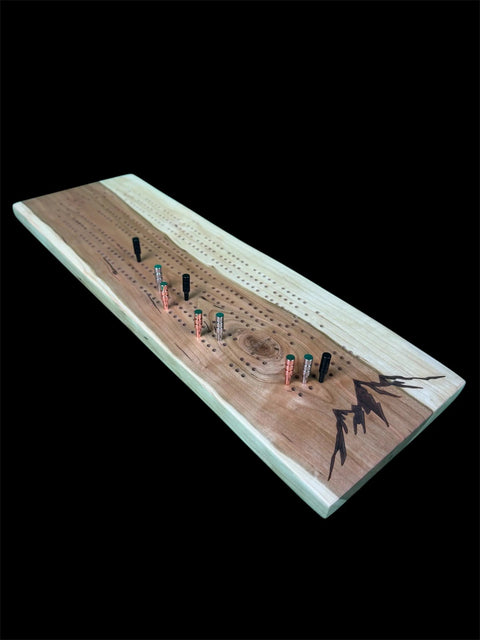 Cherry Wood Cribbage Board – Live Edge Mountain Engraving 24 Inch | Game Night Accent | Made in USA B. James Design & Woodwork 
