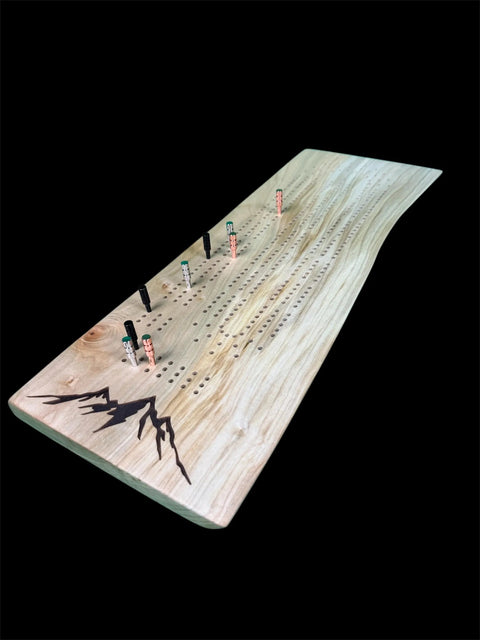 Maple Live Edge Cribbage Board 18 Inch With Mountain Engraving – Handmade Game Board | Made in USA B. James Design & Woodwork 